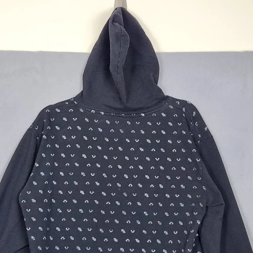 TRUE RELIGION Hoodie Mens Large Black Kangaroo Pocket AOP Activewear